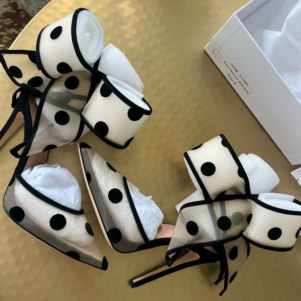 Aminah Abdul Jillil Bow Pump Black Polka Dot Mesh Suede - Picture 5 of 13